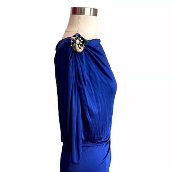 Roberto Cavalli Blue Evening Gown Jeweled Lizard Shoulder Accent Size 38 EUC - Picture 6 of 8